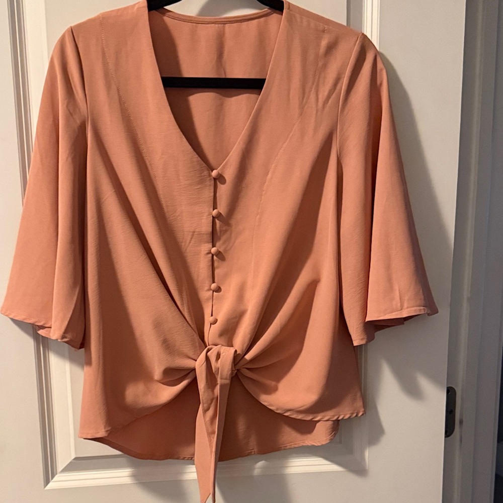 Pink Button-Front Tie Blouse - Picture 2 of 4